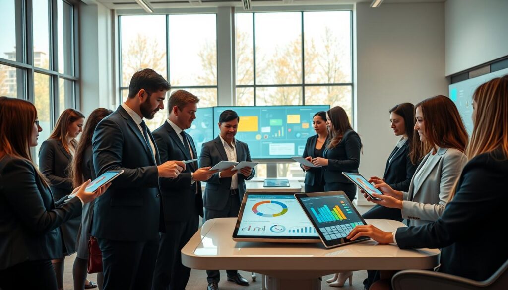 A bright and modern digital classroom, showcasing the integration of technology in education. In the foreground, a diverse group of professional individuals engaged in a collaborative discussion, all dressed in professional business attire. Each person interacts with advanced digital devices, such as tablets and laptops, displaying colorful charts and educational content. In the middle ground, interactive digital screens and futuristic furniture create a dynamic learning environment. The background features large windows with natural light streaming in, casting a warm glow over the scene. The atmosphere is innovative and inspiring, embodying the idea of a forward-thinking educational system designed for the digital age. Shot with a wide-angle lens to encompass the collaborative spirit, creating an inviting and engaging visual narrative.