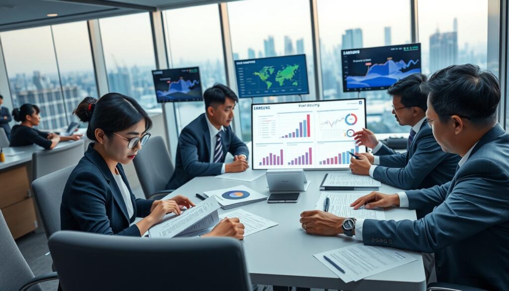 A bustling corporate office setting in South Korea, showcasing a group of diverse business professionals engaged in serious discussions, representing Samsung. In the foreground, a South Korean woman and a man in formal business attire are seated at a large conference table, pouring over documents and contracts, their expressions focused and determined. In the middle ground, additional colleagues are seen collaborating, with charts and digital screens displaying negotiation data about union activities and labor contracts. The background features a modern office skyline visible through large windows, with soft, natural lighting illuminating the room, creating an atmosphere of anticipation and urgency. The image captures a sense of professionalism and teamwork, emphasizing the critical nature of the negotiations at hand.