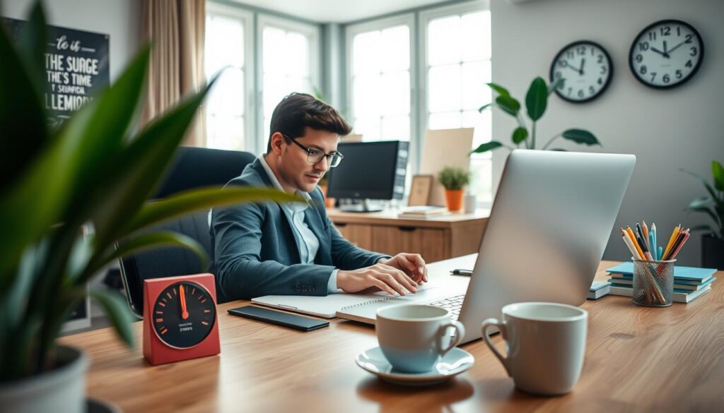 A cozy home office scene featuring an individual in professional attire, sitting at a stylish desk with a modern laptop open and a Pomodoro timer visibly displayed next to a notebook. The person is focused and engaged in work, highlighting a moment of productivity. In the foreground, a vibrant plant and a cup of coffee add warmth. The middle ground showcases an organized workspace with colorful stationery and a wall clock indicating time intervals. The background hints at a softly lit room with motivational artwork and large windows allowing natural light to pour in. The overall atmosphere is calm yet energized, exuding a sense of discipline and concentration.