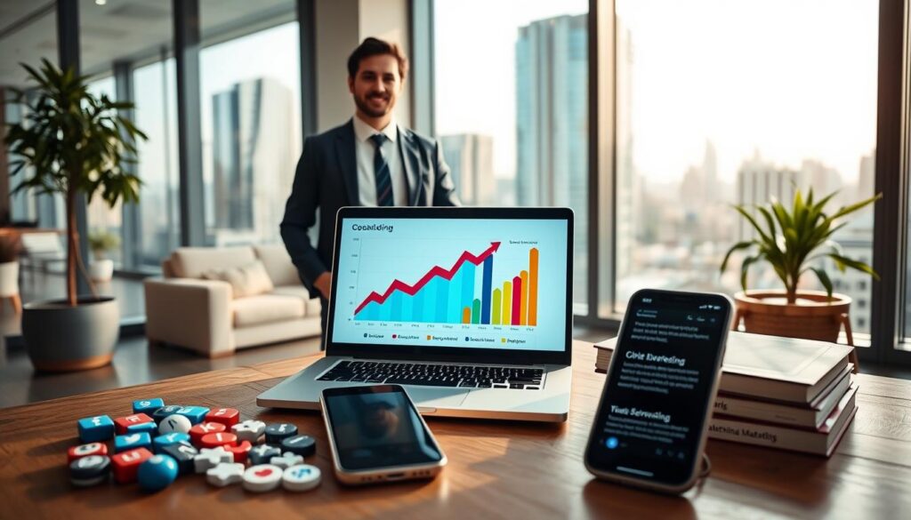 A digital marketing consultant in professional business attire is standing confidently in a modern office, with a laptop open in front of them displaying a vibrant chart showing customer engagement. In the foreground, there are tools of digital branding: social media icons and a smartphone with customer feedback visible. The middle ground features a cozy meeting area with a coffee table, books on digital marketing, and an indoor plant adding a touch of warmth. In the background, large windows showcase a bustling cityscape, symbolizing growth and opportunity. The lighting is bright and inviting, reflecting a productive atmosphere, with soft shadows enhancing depth. The overall mood conveys professionalism, trust, and the journey toward building authority in the digital space.