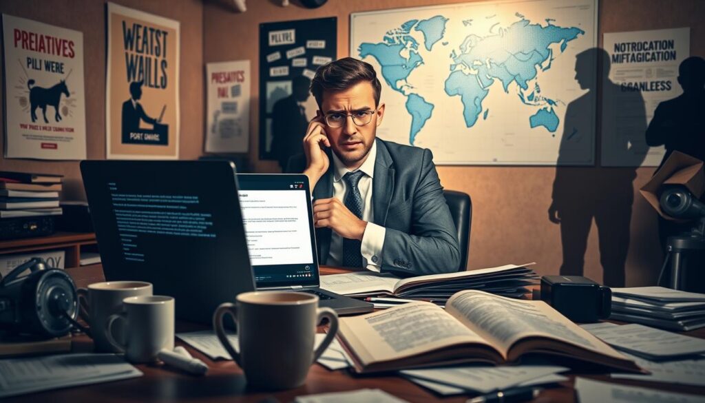 A digital-themed workspace illustrating common pitfalls in starting an online business. In the foreground, a cluttered desk with a laptop displaying error messages, alongside coffee cups, scattered papers, and an open notebook filled with questionable notes. In the middle ground, a frustrated entrepreneur wearing professional attire, looking perplexed while analyzing data on the screen. The background features a digital world map on the wall and motivational posters, but with shadowy figures representing challenges like procrastination and misinformation lurking. The lighting is warm but dim, creating a serious yet thoughtful atmosphere, with a slight lens blur on the edges to focus on the subject. The image conveys the complexity and pitfalls of digital business ventures.