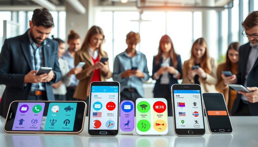 A dynamic and modern workspace showcasing various mobile applications in action, featuring multilingual interfaces on different devices. In the foreground, a diverse group of professionals, dressed in smart casual attire, are actively engaging with their smartphones and tablets, demonstrating seamless user experiences. The middle ground highlights colorful app icons prominently displaying different languages, emphasizing versatility and offline functionality. In the background, a bright and airy office environment with large windows allows natural light to flood in, creating an inviting atmosphere. The focus is sharp on the devices, while the background is slightly blurred to maintain attention on the apps. This scene conveys efficiency, practicality, and the transformative power of technology in daily life.