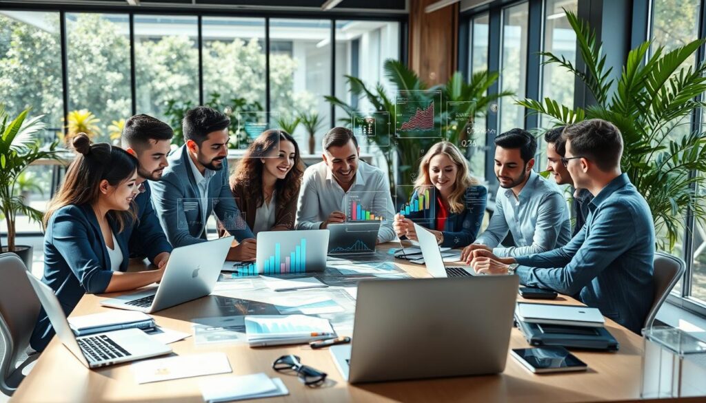 A dynamic scene depicting technology startups leveraging data as a strategic asset. In the foreground, a group of diverse professionals in business attire are actively engaged in a brainstorming session around a transparent digital interface displaying colorful graphs, data points, and analytics. In the middle, sleek laptops and digital devices clutter the table, while holographic data visuals float above them, representing the flow of information and innovation. In the background, a modern office environment with glass walls and vibrant greenery provides a fresh and inspiring atmosphere. Natural lighting filters through large windows, casting soft shadows and creating a warm yet energetic vibe that highlights the importance of data in driving growth for tech startups.