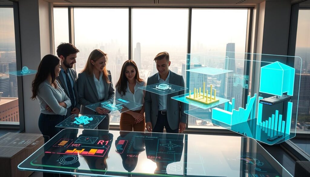 A futuristic design studio filled with advanced AI tools, showcasing an array of holographic interfaces displaying vibrant, interactive design concepts. In the foreground, a diverse group of professional designers in smart casual attire collaborates around a sleek, translucent table, engaging with cutting-edge design software projected in mid-air. The middle layer features floating 3D models and data visualizations, highlighting innovative design elements enhanced by artificial intelligence. In the background, large windows reveal a cityscape teeming with futuristic architecture, bathed in soft, natural sunlight. The scene conveys a sense of creativity and collaboration, with a clean, modern aesthetic that inspires a vision of the future of design tools by 2030. Use bright, clear lighting to emphasize the technology and teamwork.