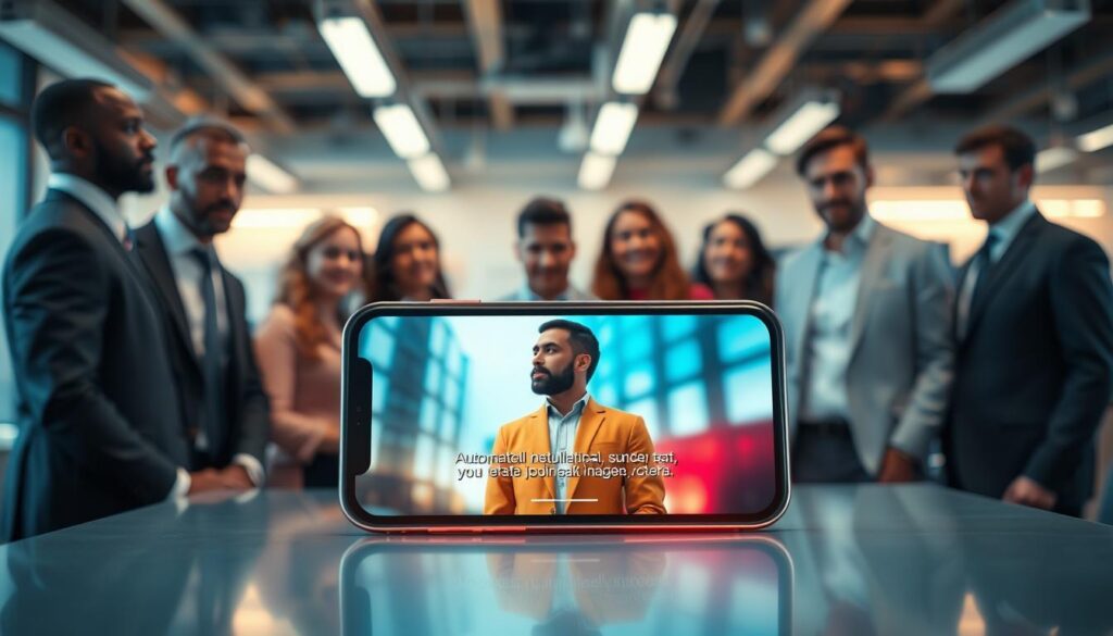 A futuristic iOS 27 interface displaying automatic subtitles on a vibrant video. In the foreground, a sleek iPhone model with a crisp, high-resolution screen showcasing dynamic subtitles in multiple languages, elegantly appearing as a person speaks within the video. The middle ground features a diverse group of professionals, all dressed in modern, professional attire, observing the screen with expressions of engagement and curiosity. The background should have a softly blurred office environment, bathed in warm, inviting lighting to create a collaborative atmosphere. Use a shallow depth of field to focus on the details on the phone while capturing the lively environment. A soft glow emanating from the device enhances the innovative feel. The overall mood should convey excitement and technological advancement.