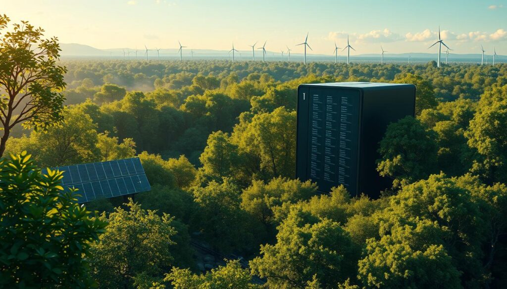 A futuristic landscape illustrating the ecological impact of artificial intelligence on the environment. In the foreground, a sleek, modern AI data center is integrated into a lush green forest with visible solar panels. The middle ground features a juxtaposition of vibrant flora and subtle signs of pollution, like faint smog and discarded tech debris, representing the tension between technology and nature. The background showcases a serene skyline with wind turbines and a clear blue sky, symbolizing sustainable advancements. Soft, natural lighting enhances the contrast between the organic and the artificial, with a warm, hopeful atmosphere suggesting harmony between innovation and environmental responsibility. The viewpoint should be slightly elevated to capture the breadth of this interaction, creating a sense of depth and perspective.