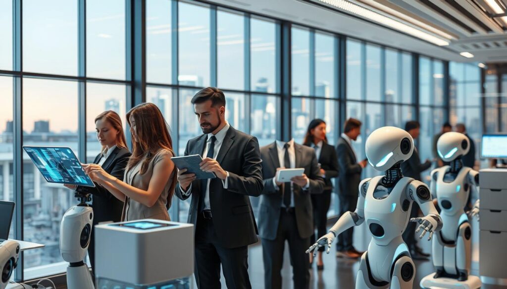A futuristic office environment showcasing intelligent automation in various sectors. In the foreground, a diverse group of professionals in business attire are engaged with advanced digital interfaces, analyzing data on sleek holographic displays. In the middle ground, robotic devices efficiently assist with repetitive tasks such as document handling and inventory management, seamlessly integrated into the workspace. The background features a large window with a modern city skyline, illuminated by soft, ambient lighting suggesting a bright, innovative atmosphere. The scene conveys a sense of collaboration and efficiency, with a focus on technology enhancing productivity and reducing manual workloads. Capture the mood of progress and optimism in this vibrant workplace setting. A futuristic office environment showcasing intelligent automation in various sectors. In the foreground, a diverse group of professionals in business attire are engaged with advanced digital interfaces, analyzing data on sleek holographic displays. In the middle ground, robotic devices efficiently assist with repetitive tasks such as document handling and inventory management, seamlessly integrated into the workspace. The background features a large window with a modern city skyline, illuminated by soft, ambient lighting suggesting a bright, innovative atmosphere. The scene conveys a sense of collaboration and efficiency, with a focus on technology enhancing productivity and reducing manual workloads. Capture the mood of progress and optimism in this vibrant workplace setting.