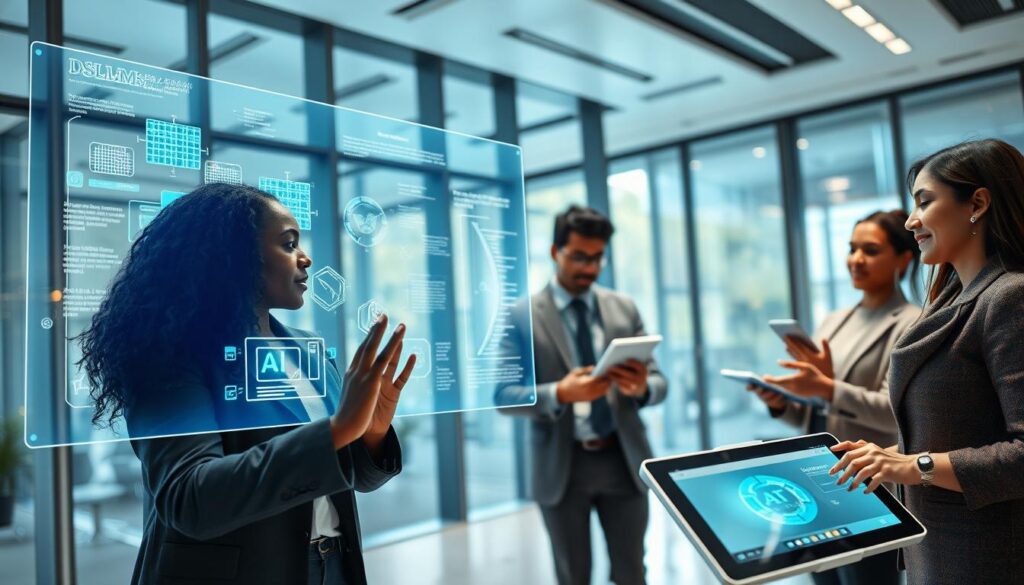 A futuristic office setting where a diverse group of professionals is engaged in collaborative work on Domain-Specific Language Models (DSLMs) in artificial intelligence. In the foreground, a mid-30s Black woman in a business suit interacts with a large holographic interface displaying complex datasets and graphs related to DSLMs. In the middle, two colleagues — a Hispanic man and a South Asian woman — discuss ideas while examining touchscreen tablets showcasing AI applications. The background features a sleek and modern interior with large windows that allow natural light to flood the room. The atmosphere is dynamic and innovative, reflecting a sense of collaboration and technological advancement, with a slight blue tint in lighting to evoke a tech-savvy mood. The angle of the shot is slightly above eye level, capturing both the professionals and their high-tech environment.