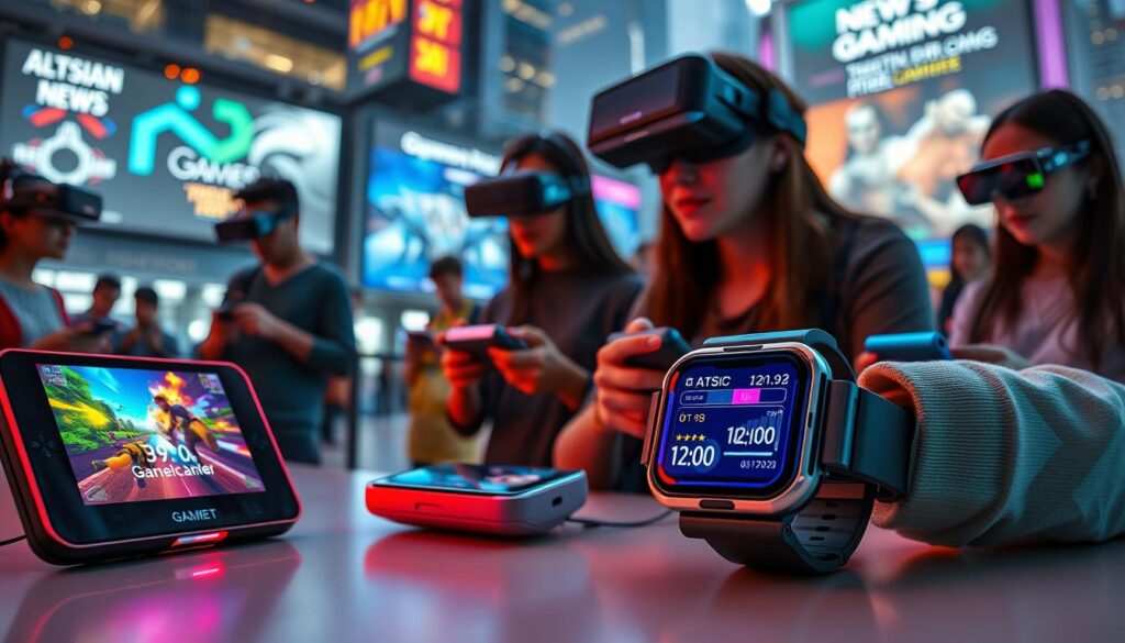 A futuristic scene showcasing portable electronic gaming devices and advanced wearables. In the foreground, a sleek handheld gaming console glows with vibrant colors, displaying an immersive game on its screen. Next to it, a stylish smartwatch with a holographic interface reveals gaming stats. In the middle ground, diverse people of various ages engage with compact gaming gadgets, some wearing VR headsets, deeply focused on their experiences. The background features a modern cityscape with digital billboards highlighting new gaming technology. Soft, ambient lighting enhances the futuristic atmosphere, while a shallow depth of field draws attention to the innovative gadgets. The mood is vibrant, energetic, and tech-savvy, inviting viewers to explore the cutting-edge world of portable gaming and wearables.