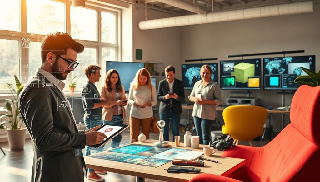 A harmonious workspace filled with vibrant color and creativity, showcasing an array of AI tools as supportive allies to creative professionals. In the foreground, an artist in smart casual attire uses a tablet to design innovative graphics, with holographic interfaces displaying various AI options. In the middle, a diverse group of collaborators—an illustrator, a writer, and a designer—discuss ideas animatedly, surrounded by digital sketches and AI-generated images on screens. The background features a modern studio with large windows allowing natural light to flood in, enhancing the energetic atmosphere. Soft, diffused lighting casts gentle shadows, creating a warm, collaborative vibe. The overall mood conveys inspiration and teamwork, illustrating the empowering relationship between creatives and AI technology.