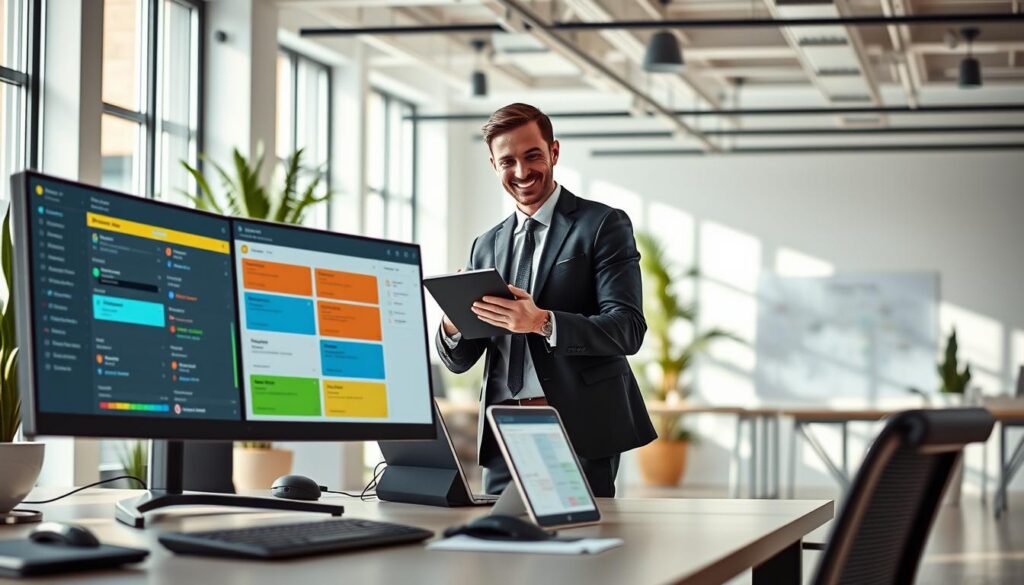 A modern and sleek workspace showcasing automated task management systems. In the foreground, a stylish desktop featuring a dual-monitor setup with colorful productivity dashboards and checklists. On one monitor, a digital Kanban board displaying task statuses, while the other shows a calendar with automated reminders. In the middle ground, a professional individual in business attire is engaged with a tablet, confidently managing tasks with a smile. The background displays a bright office environment with minimalistic design, plants, and large windows allowing natural light to flood in, creating an uplifting and productive atmosphere. The overall mood is dynamic and inspiring, conveying a sense of efficiency and innovation in automated project management. A modern and sleek workspace showcasing automated task management systems. In the foreground, a stylish desktop featuring a dual-monitor setup with colorful productivity dashboards and checklists. On one monitor, a digital Kanban board displaying task statuses, while the other shows a calendar with automated reminders. In the middle ground, a professional individual in business attire is engaged with a tablet, confidently managing tasks with a smile. The background displays a bright office environment with minimalistic design, plants, and large windows allowing natural light to flood in, creating an uplifting and productive atmosphere. The overall mood is dynamic and inspiring, conveying a sense of efficiency and innovation in automated project management.