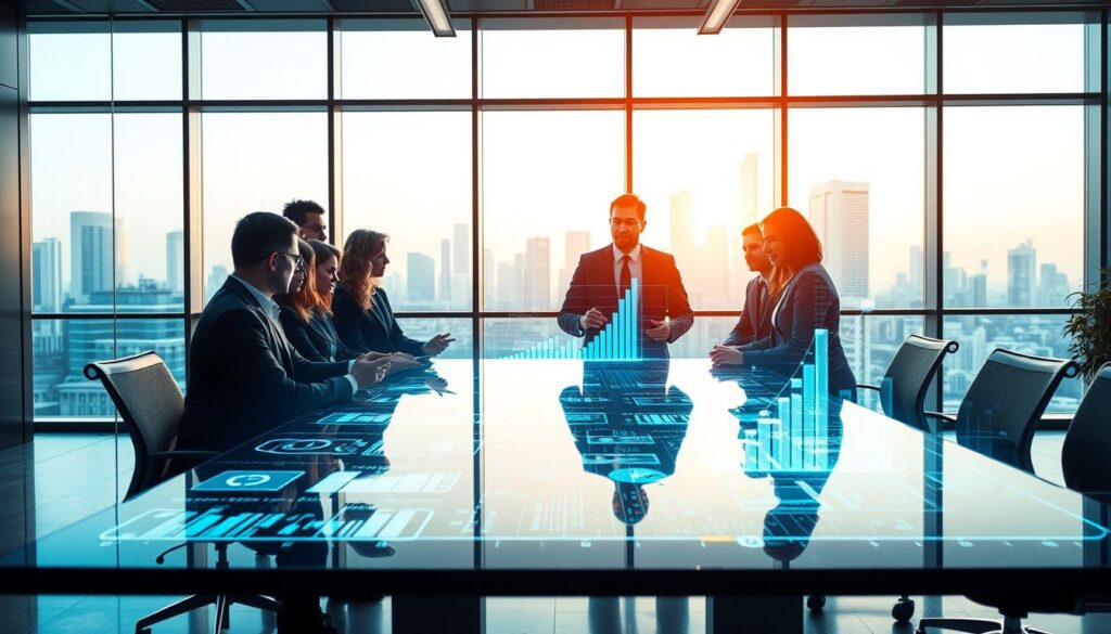 A modern corporate office setting illustrating digital transformation and big data in enterprises. In the foreground, a diverse group of professionals in business attire, engaged in a collaborative meeting around a high-tech conference table. The middle layer features dynamic holographic data visualizations displaying graphs and analytics, symbolizing big data insights. The background includes large windows with a view of a futuristic city skyline, infused with bright, natural light. Soft neon colors create an atmosphere of innovation and progress. The scene captures a sense of teamwork and technological advancement, emphasizing a cultural shift towards digitalization in organizations. The overall mood is inspirational and forward-looking, highlighting the transformative power of technology in the business world.