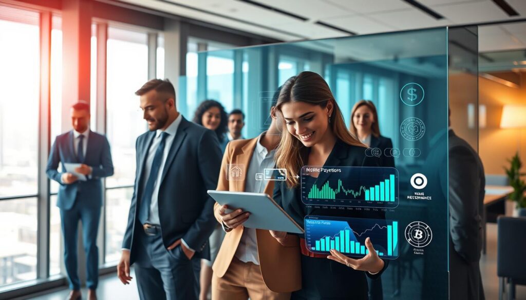 A modern digital payment scene showcasing a diverse group of business professionals in a sleek, contemporary office environment. In the foreground, a businessman and businesswoman are engaged in a discussion over a tablet displaying financial graphs and digital payment interfaces. The middle ground features a sophisticated digital display board illustrating various financial trends and payment options, like mobile payment apps and cryptocurrencies. The background includes large windows with a city skyline, letting in natural light that casts an inviting glow over the scene. The color palette is vibrant, with hints of blue and green to symbolize innovation. The atmosphere conveys a sense of collaboration, forward-thinking, and excitement about the future of digital finance. A modern digital payment scene showcasing a diverse group of business professionals in a sleek, contemporary office environment. In the foreground, a businessman and businesswoman are engaged in a discussion over a tablet displaying financial graphs and digital payment interfaces. The middle ground features a sophisticated digital display board illustrating various financial trends and payment options, like mobile payment apps and cryptocurrencies. The background includes large windows with a city skyline, letting in natural light that casts an inviting glow over the scene. The color palette is vibrant, with hints of blue and green to symbolize innovation. The atmosphere conveys a sense of collaboration, forward-thinking, and excitement about the future of digital finance.