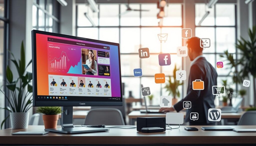 A modern digital workspace showcasing website creation and e-commerce management platforms. In the foreground, a sleek computer monitor displays a vibrant website design interface with graphs and product listings. To the side, a professional person in business attire focuses on the screen, engaged in creating content. The middle ground features icons and representations of popular e-commerce platforms floating around, symbolizing integration and functionality. The background shows a bright, open office space with plants and natural light streaming through large windows, creating an inspiring atmosphere. The scene is well-lit with soft, ambient lighting that enhances the productive mood. The angle is slightly overhead, providing a comprehensive view of the digital ecosystem.