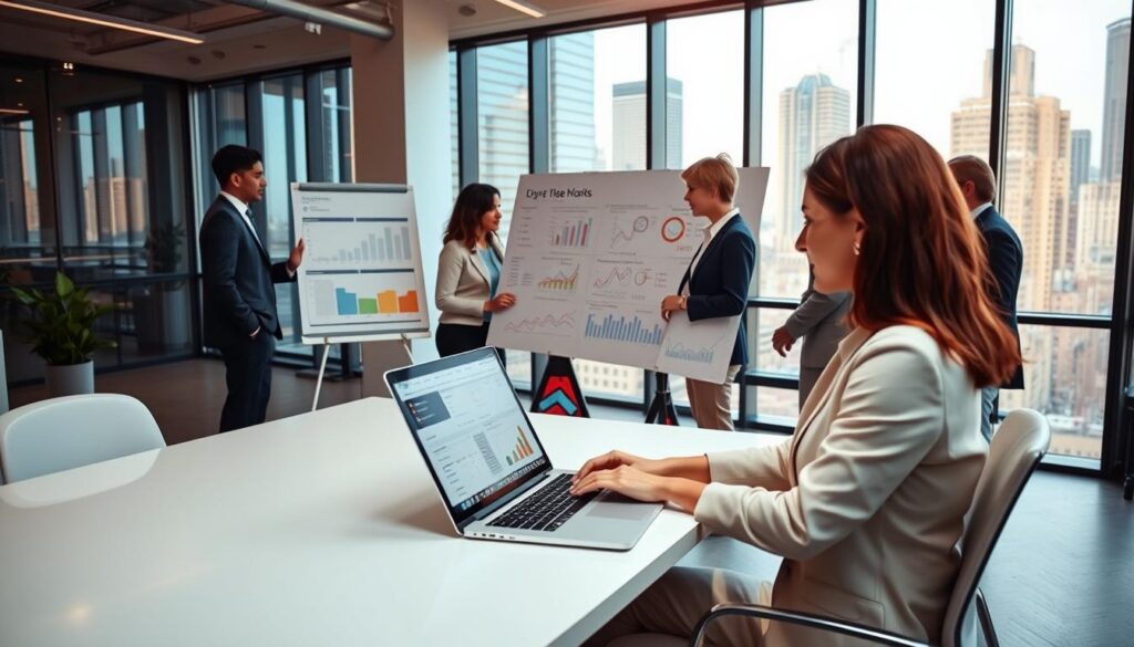 A modern office environment showcasing lead qualification automation, focusing on diverse, professional business people in discussions and analyzing data. In the foreground, a woman in professional attire sits at a sleek desk, using a laptop with various analytics displayed on the screen. In the middle ground, a group of colleagues collaborates around a whiteboard filled with charts and strategic plans, emphasizing teamwork. The background features large windows with natural light pouring in, offering a view of a bustling cityscape. Soft, warm lighting creates an inviting atmosphere, and the camera angle captures the collaborative spirit of the scene, conveying innovation and productivity in lead qualification. A modern office environment showcasing lead qualification automation, focusing on diverse, professional business people in discussions and analyzing data. In the foreground, a woman in professional attire sits at a sleek desk, using a laptop with various analytics displayed on the screen. In the middle ground, a group of colleagues collaborates around a whiteboard filled with charts and strategic plans, emphasizing teamwork. The background features large windows with natural light pouring in, offering a view of a bustling cityscape. Soft, warm lighting creates an inviting atmosphere, and the camera angle captures the collaborative spirit of the scene, conveying innovation and productivity in lead qualification.