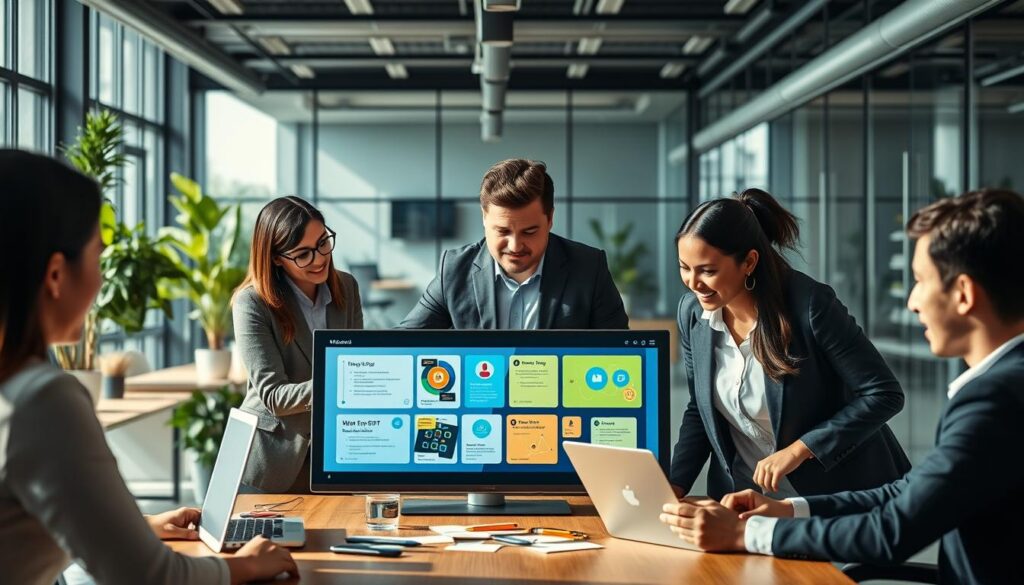 A modern office environment showcasing the concept of "Work OS" and digital transformation with monday.com. In the foreground, a diverse team of three professionals, dressed in smart business attire, collaborates around a digital screen displaying colorful project management tools and strategies. In the middle, visible elements include laptops, tablets, and sticky notes, emphasizing productivity and organization. The background features a sleek, open-plan office with glass walls, greenery, and natural lighting flooding in. The atmosphere is dynamic and innovative, conveying a sense of progress and teamwork. The image should capture a bright and inspirational mood, invoking a forward-thinking approach to digital workspaces. Use a wide-angle lens to create depth and focus on the collaborative spirit.