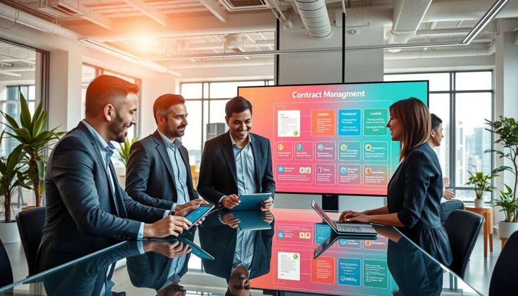 A modern office environment showcasing the digital transformation of contract management. In the foreground, a diverse group of three professionals in smart business attire—two men and one woman—are engaged in a discussion around a sleek, glass conference table, with digital devices in front of them displaying contract details. In the middle ground, a large screen features a vibrant, user-friendly digital interface of Clicksign, illustrating the contract management process with flowing animations. The background consists of a bright and airy office space with plants and modern decor, illuminated by natural light streaming through large windows. The atmosphere is dynamic and collaborative, emphasizing efficiency and innovation in business practices.
