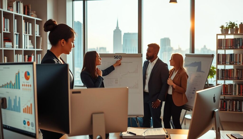 A modern office environment with a professional setting, showcasing a diverse team of businesspeople in smart casual attire collaborating on SEO strategies. In the foreground, a woman of Asian descent analyzes data on a computer screen with graphs and analytics displayed, while a man of African descent points at a digital marketing strategy on a whiteboard. In the middle ground, a large window reveals a cityscape bathed in natural light, enhancing the atmosphere of innovation and possibility. The background features shelves filled with books on marketing and technology, emphasizing the theme of knowledge and optimization. The mood is focused and collaborative, with warm lighting casting a soft glow over the scene to create an inviting workspace.