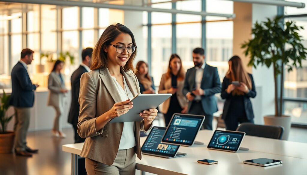 A modern office scene featuring a diverse group of professionals engaged in task management using voice commands. In the foreground, a woman in professional attire stands confidently with a digital tablet, demonstrating voice command functionality, while a man nearby nods in agreement. In the middle ground, a sleek desk with multiple smart devices shows visualizations of tasks being organized and prioritized through voice interaction. The background depicts a bright, airy office space with large windows, allowing natural light to flood in, creating an inspiring atmosphere. Use a wide-angle lens perspective to capture the collaborative environment, infused with a sense of innovation and productivity. The lighting should be warm to emphasize a positive mood, showcasing the transformative impact of voice commands in daily task management.