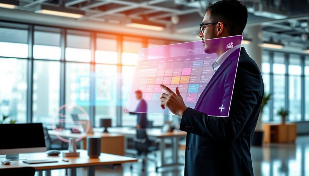 A modern office scene showcasing intelligent assistants organizing a digital agenda. In the foreground, a professional dressed in business attire is interacting with a sleek touch-screen interface displaying a colorful, automated calendar filled with tasks and reminders. The middle ground features futuristic devices like smart speakers and holographic displays projecting data, seamlessly integrating into the workspace. In the background, large windows allow natural light to flood the room, providing a bright and inviting atmosphere. The overall mood is one of efficiency and innovation, demonstrating how technology enhances productivity. Use soft, warm lighting to create an inspirational vibe, and set the camera angle to capture the dynamic interaction between the person and the technology.
