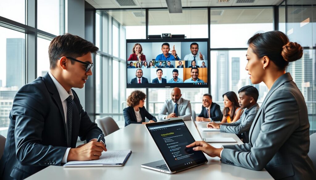 A modern office setting where a diverse group of professionals, dressed in smart business attire, are engaging in a video conference on a large screen. In the foreground, two employees are focused on a laptop displaying meeting notes being transformed into automated action items. The middle layer shows other team members, appearing attentive and collaborating, representing different genders and ethnicities, seated at a sleek conference table. The background features glass windows with a cityscape view, and a bright, inviting atmosphere enhanced by natural light streaming in. The image exudes a sense of productivity and innovation, capturing the essence of meetings being efficiently converted into actionable decisions through AI automation. Use a slightly elevated angle to encompass the whole scene, ensuring all elements blend harmoniously.