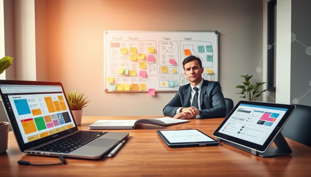 A modern office workspace featuring a digital productivity setup. In the foreground, a sleek wooden desk has a laptop open with colorful project planning software displayed. A stylish planner and a digital tablet showing task lists sit next to a potted plant. In the middle background, a large whiteboard with colorful sticky notes and flowcharts illustrates effective project planning strategies. Soft, natural lighting streams in from a large window, creating a warm, inviting atmosphere. The mood is focused and productive, with a professional individual dressed in business attire sitting at the desk, appearing engaged and organized, thoughtfully working on their tasks. The background includes abstract digital graphics symbolizing efficiency and strategy. A modern office workspace featuring a digital productivity setup. In the foreground, a sleek wooden desk has a laptop open with colorful project planning software displayed. A stylish planner and a digital tablet showing task lists sit next to a potted plant. In the middle background, a large whiteboard with colorful sticky notes and flowcharts illustrates effective project planning strategies. Soft, natural lighting streams in from a large window, creating a warm, inviting atmosphere. The mood is focused and productive, with a professional individual dressed in business attire sitting at the desk, appearing engaged and organized, thoughtfully working on their tasks. The background includes abstract digital graphics symbolizing efficiency and strategy.