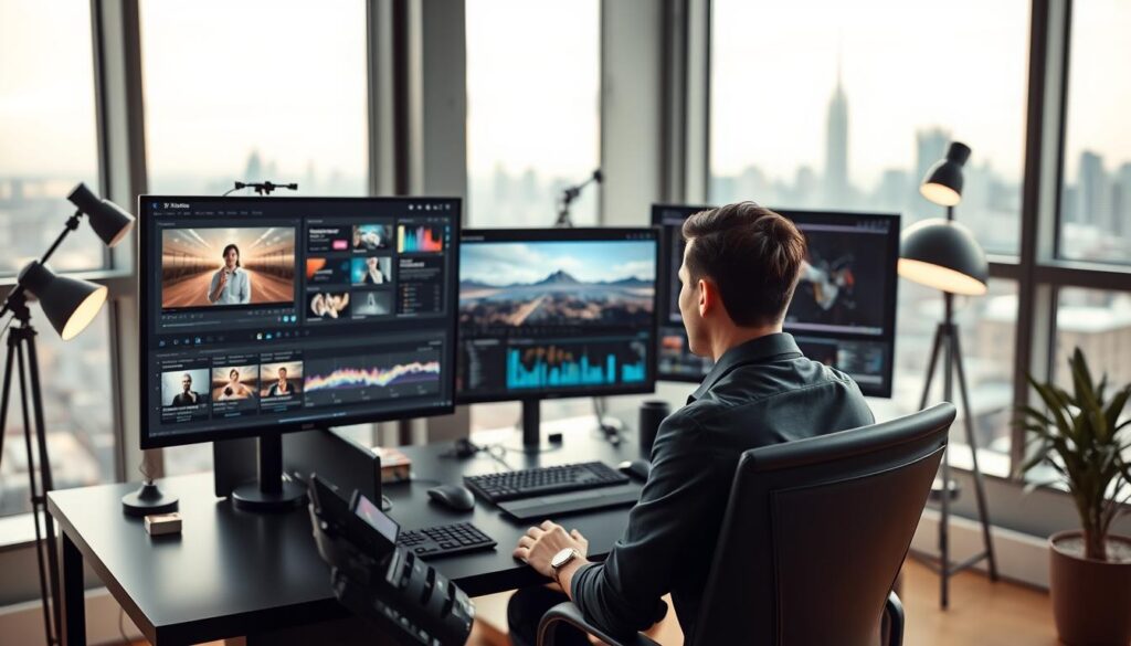 A modern, sleek workspace showcasing a professional video creator using AI technology. In the foreground, a focused individual in smart casual attire is sitting at a desk, surrounded by high-end equipment: a dual-monitor setup displaying video editing software, AI algorithm interfaces, and digital content. The middle layer features dynamic animated elements like charts and graphs, subtly illustrating engagement metrics. In the background, soft lighting emanates from stylish lamps and large windows, highlighting a city skyline. The atmosphere is vibrant and creative, conveying innovation and productivity. Capture the scene with a slight overhead angle, ensuring clarity and depth, while conveying an inspiring ambiance for creating engaging video content with AI.