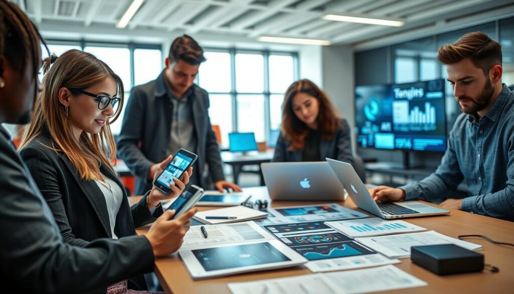 A modern study space featuring diverse, professional-looking students engaged in learning, surrounded by smart devices and AI-powered tools. In the foreground, a young woman in business casual attire interacts with a tablet displaying educational content, while a young man nearby uses a laptop equipped with AI software. The middle ground showcases a sleek desk filled with interactive study materials and digital screens showing visual data. In the background, large windows let in natural light, creating a bright and inviting atmosphere. The overall mood is focused and collaborative, emphasizing the integration of technology in modern education. High-resolution, well-lit, with a slightly blurred background to enhance the foreground details. A modern study space featuring diverse, professional-looking students engaged in learning, surrounded by smart devices and AI-powered tools. In the foreground, a young woman in business casual attire interacts with a tablet displaying educational content, while a young man nearby uses a laptop equipped with AI software. The middle ground showcases a sleek desk filled with interactive study materials and digital screens showing visual data. In the background, large windows let in natural light, creating a bright and inviting atmosphere. The overall mood is focused and collaborative, emphasizing the integration of technology in modern education. High-resolution, well-lit, with a slightly blurred background to enhance the foreground details.
