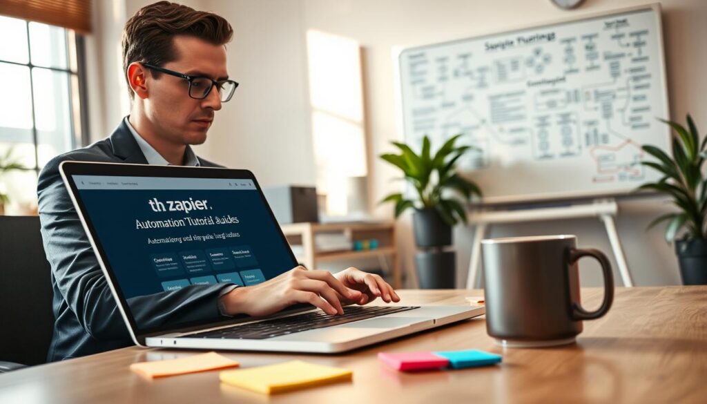 A modern, well-organized workspace featuring a laptop open to the Zapier website, showcasing various automation tutorials and guides. In the foreground, a professional in business attire uses the laptop, their expression focused and engaged. The middle ground includes a desk with colorful post-it notes and a sleek coffee mug, creating a lively atmosphere. In the background, a whiteboard filled with flowcharts and automation concepts adds depth, while natural light streams in from a window, lighting the entire scene warmly. The overall mood is productive and inspiring, encouraging creativity in using Zapier for practical applications. A modern, well-organized workspace featuring a laptop open to the Zapier website, showcasing various automation tutorials and guides. In the foreground, a professional in business attire uses the laptop, their expression focused and engaged. The middle ground includes a desk with colorful post-it notes and a sleek coffee mug, creating a lively atmosphere. In the background, a whiteboard filled with flowcharts and automation concepts adds depth, while natural light streams in from a window, lighting the entire scene warmly. The overall mood is productive and inspiring, encouraging creativity in using Zapier for practical applications.