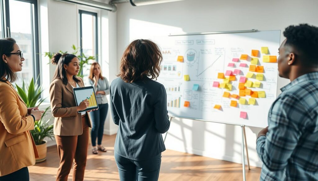 A modern workspace featuring a diverse group of professionals engaged in brainstorming for online business models. In the foreground, a woman in smart casual attire is presenting a digital tablet, showing a graph of potential profits. The middle layer includes a large whiteboard filled with colorful sticky notes and diagrams illustrating various online business strategies, like e-commerce, affiliate marketing, and subscription services. The background displays a bright, airy office with large windows letting in natural light, creating a warm and inviting atmosphere. Soft shadows are cast on the wooden floor, and indoor plants add a touch of greenery. The overall mood is innovative and collaborative, emphasizing creativity in a digital entrepreneurship environment.