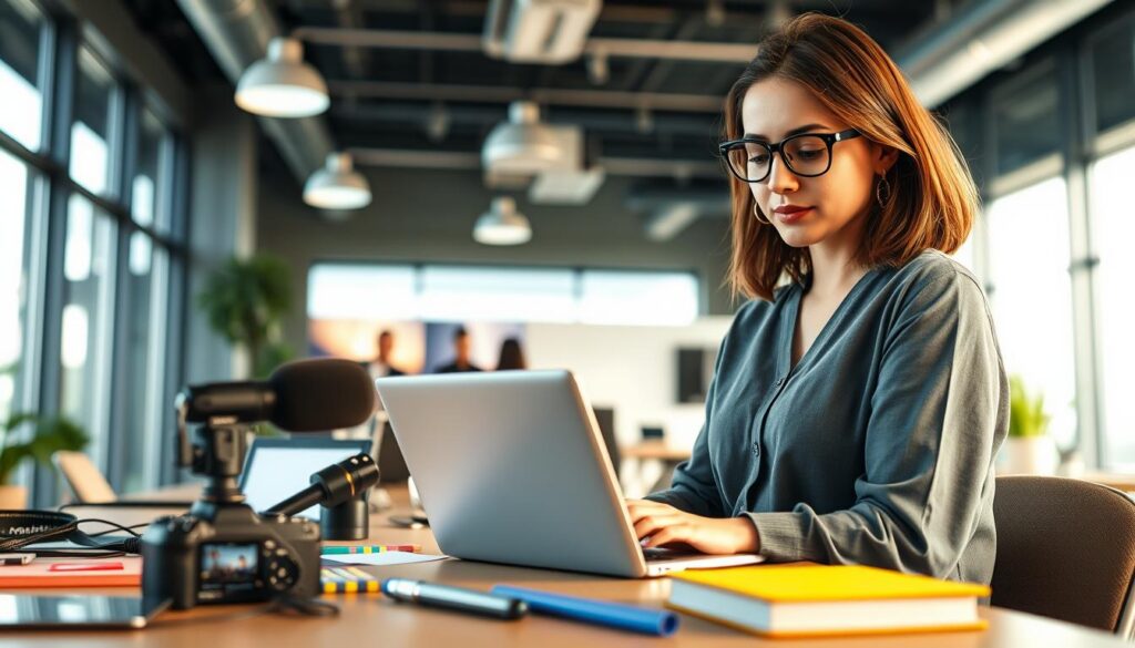 A modern workspace featuring a professional woman with modest casual clothing, focused on creating videos for social media using Vmaker IA on her laptop. In the foreground, depict the laptop screen showing an intuitive video editing interface with vibrant thumbnails of social media videos. In the middle ground, include a stylish desk cluttered with creative tools like a camera, microphone, and colorful notepads. The background features a bright, airy office with large windows allowing natural light to flood in, enhancing a dynamic and creative atmosphere. Use soft lighting to create an inviting ambiance, captured with a shallow depth of field to highlight the subject while keeping the background slightly blurred. A modern workspace featuring a professional woman with modest casual clothing, focused on creating videos for social media using Vmaker IA on her laptop. In the foreground, depict the laptop screen showing an intuitive video editing interface with vibrant thumbnails of social media videos. In the middle ground, include a stylish desk cluttered with creative tools like a camera, microphone, and colorful notepads. The background features a bright, airy office with large windows allowing natural light to flood in, enhancing a dynamic and creative atmosphere. Use soft lighting to create an inviting ambiance, captured with a shallow depth of field to highlight the subject while keeping the background slightly blurred.
