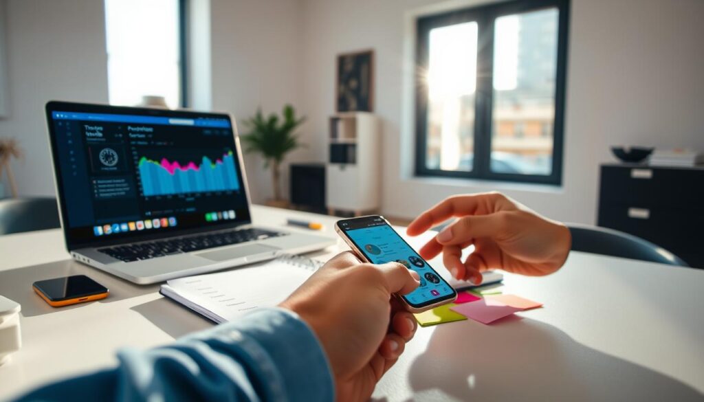 A modern workspace featuring a sleek desk with a laptop open to a time-tracking app interface. In the foreground, a close-up of a hand using a smartphone with productivity apps displayed on the screen. In the middle, a stylish planner and colorful sticky notes scattered across the desk, symbolizing organization and efficiency. The background showcases a bright window with natural light streaming in, casting soft shadows across the room. The atmosphere feels focused and productive, with a subtle hint of creativity. The setting is clean and minimalistic, with a blend of cool and warm tones. The image captures the essence of time management and productivity in a dynamic, inviting environment.