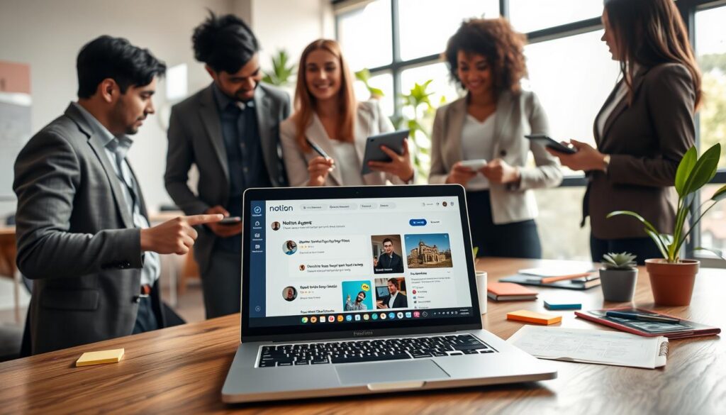 A modern workspace featuring a sleek laptop open to a Notion interface, displaying personalized agents for task management. In the foreground, a diverse group of three professionals, dressed in smart casual attire, engage in a brainstorming session. One person points at the laptop screen, while the others take notes on tablets. The middle ground shows organized workspace elements like colorful sticky notes, a digital planner, and potted plants, emphasizing productivity. The background includes a large window with natural light streaming in, illuminating the room and creating a bright, optimistic atmosphere. The image should evoke a sense of collaboration, efficiency, and modernity, captured with a soft focus and warm tones to enhance the inviting mood.