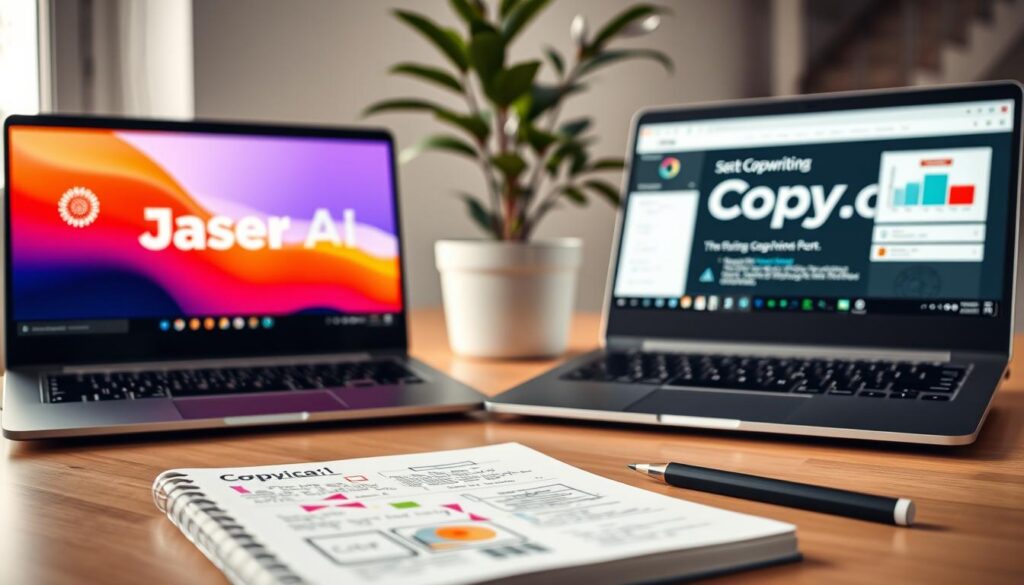 A modern workspace featuring two sleek laptops side by side, one displaying the Jasper AI interface and the other showcasing the Copy.ai platform. In the foreground, a professional notepad with scattered marketing-related notes and colorful highlighters, hinting at creative copywriting processes. The middle section emphasizes the laptops with their bright screens reflecting vibrant data charts and copy snippets, highlighting their functionalities. Soft, natural lighting creates a warm and inviting atmosphere, with a potted plant in the background adding a touch of greenery. The scene is shot from a slightly elevated angle to capture depth, focusing on the tools that empower marketers in digital advertising. The overall mood is productive and innovative, emphasizing the power of technology in copywriting.