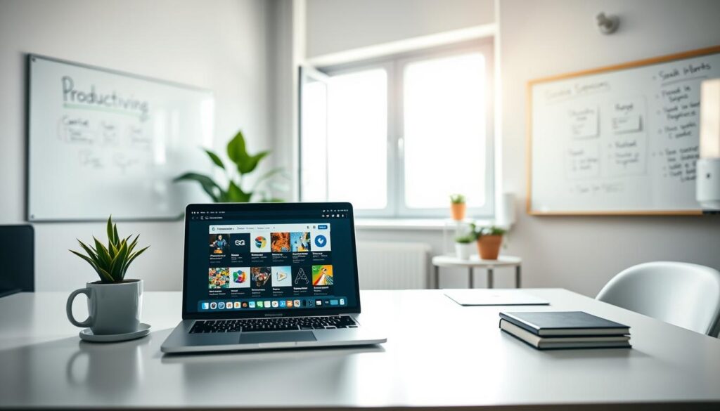 A modern workspace focused on productivity, featuring a sleek desk with a high-quality laptop displaying various Chrome extensions for concentration. In the foreground, a well-organized workspace with minimal distractions, including a cup of coffee and a potted plant to add a touch of greenery. The middle layer showcases a bright, open window with natural light streaming in, enhancing the atmosphere of focus and clarity. The background includes a whiteboard with neatly written notes and diagrams that promote productivity. The mood is calm and inspiring, emphasizing efficiency. Use soft, diffused lighting to create a welcoming ambiance, with a slight depth of field effect to draw attention to the laptop and desk setup.