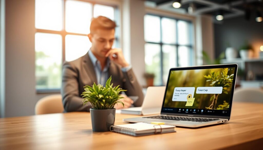 A modern workspace scene featuring a stylish desk with a laptop displaying the Focus Keeper and Forest app interfaces. In the foreground, a focused professional in smart casual attire watches the screen intently, surrounded by a green potted plant that represents productivity. The middle ground shows a stylish planner and a few motivational quotes on sticky notes. The background is softly blurred, revealing a large window with daylight streaming in, creating a bright and inviting atmosphere. Utilize warm, natural lighting with a slight bokeh effect for a calming mood. The overall composition should inspire feelings of focus and productivity, conveying a sense of effective time management. A modern workspace scene featuring a stylish desk with a laptop displaying the Focus Keeper and Forest app interfaces. In the foreground, a focused professional in smart casual attire watches the screen intently, surrounded by a green potted plant that represents productivity. The middle ground shows a stylish planner and a few motivational quotes on sticky notes. The background is softly blurred, revealing a large window with daylight streaming in, creating a bright and inviting atmosphere. Utilize warm, natural lighting with a slight bokeh effect for a calming mood. The overall composition should inspire feelings of focus and productivity, conveying a sense of effective time management.