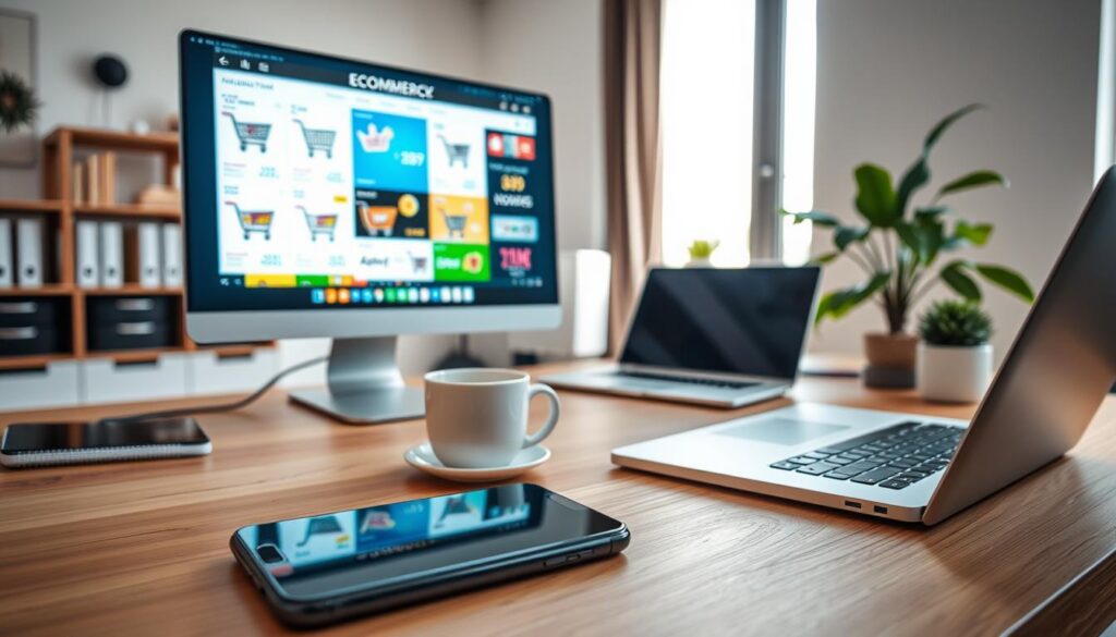 A modern workspace showcasing diverse e-commerce platforms on a sleek computer screen, displaying vibrant interfaces of online shopping carts and product listings. In the foreground, a smartphone rests next to a cup of coffee, symbolizing mobile commerce. The middle ground features a stylish desk adorned with a notepad, laptop, and a plant, creating a productive atmosphere. In the background, a bright window allows natural light to fill the room, enhancing the inviting mood. The scene captures a sense of innovation and entrepreneurship, with a color palette of blues, whites, and greens. The overall composition evokes professionalism and modernity, appealing to aspiring digital entrepreneurs. A modern workspace showcasing diverse e-commerce platforms on a sleek computer screen, displaying vibrant interfaces of online shopping carts and product listings. In the foreground, a smartphone rests next to a cup of coffee, symbolizing mobile commerce. The middle ground features a stylish desk adorned with a notepad, laptop, and a plant, creating a productive atmosphere. In the background, a bright window allows natural light to fill the room, enhancing the inviting mood. The scene captures a sense of innovation and entrepreneurship, with a color palette of blues, whites, and greens. The overall composition evokes professionalism and modernity, appealing to aspiring digital entrepreneurs.