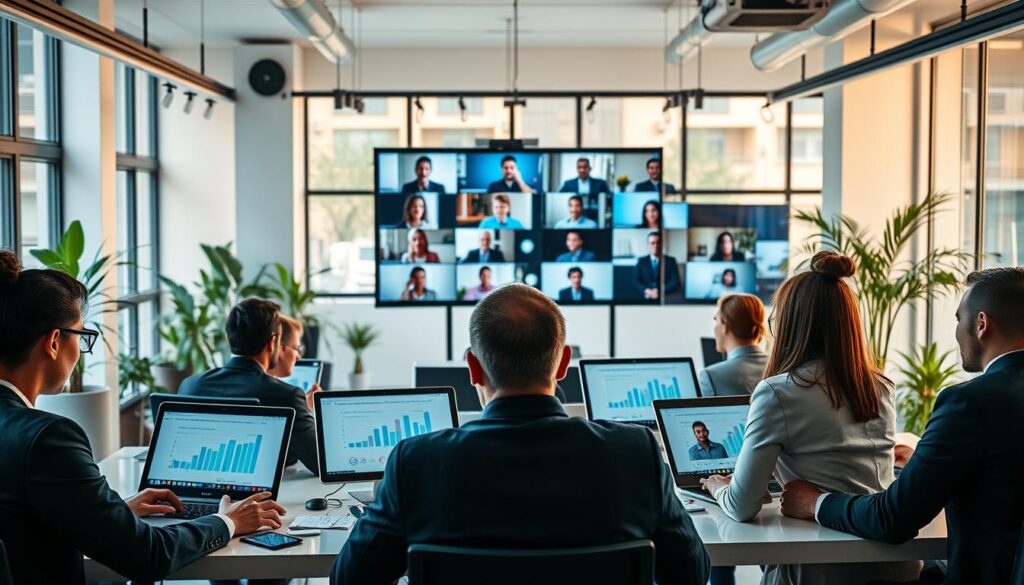 A modern workspace showcasing remote communication and digital collaboration. In the foreground, a diverse group of professionals in business attire interacts through laptops and tablets, displaying charts and graphs on their screens. In the middle ground, a virtual conference takes place, with participants displayed on large monitors, engaged in discussion. The background features an office space adorned with contemporary decor, plants, and large windows allowing natural light to flood the scene, creating a bright and dynamic atmosphere. Soft shadows and a warm color palette enhance the feeling of productivity and teamwork. Capture the urgency and excitement of collaboration in digital spaces. A modern workspace showcasing remote communication and digital collaboration. In the foreground, a diverse group of professionals in business attire interacts through laptops and tablets, displaying charts and graphs on their screens. In the middle ground, a virtual conference takes place, with participants displayed on large monitors, engaged in discussion. The background features an office space adorned with contemporary decor, plants, and large windows allowing natural light to flood the scene, creating a bright and dynamic atmosphere. Soft shadows and a warm color palette enhance the feeling of productivity and teamwork. Capture the urgency and excitement of collaboration in digital spaces.