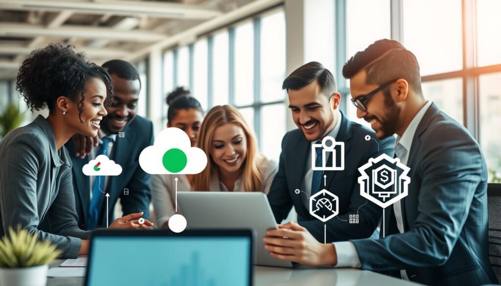 A professional office environment showcasing the functionalities of Google for businesses and developers. In the foreground, a diverse team of business professionals in formal attire collaboratively discussing over a laptop, analyzing data and visualizations on the screen. In the middle ground, elements representing Google tools like cloud storage, analytics charts, and software development icons are integrated creatively, symbolizing innovation and efficiency. The backdrop features a modern office space with large windows allowing bright, natural light to flood in, casting soft shadows. The mood is optimistic and forward-thinking, emphasizing collaboration and technological advancement. The scene captures a sense of professionalism and digital transformation in business.