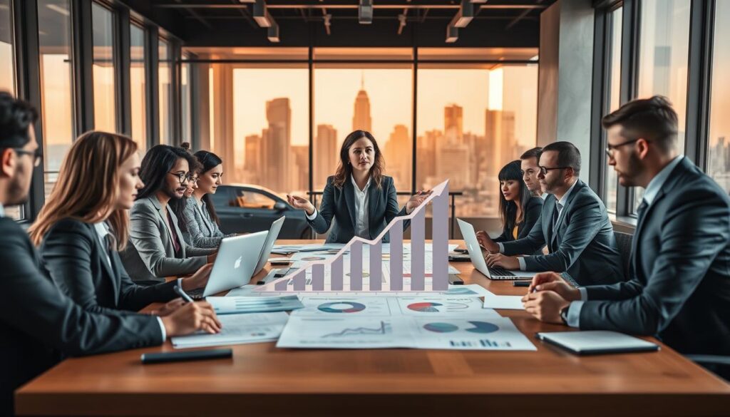 A professional setting showcasing a dynamic office environment with a diverse group of people in business attire collaborating around a large table, filled with laptops, charts, and graphs. In the foreground, a confident woman presents data on the benefits of investing in generative AI technology to enhance human capabilities. In the middle, a visual representation of investment return, such as upward-pointing arrows and infographics, integrates seamlessly with human interactions. The background features large windows letting in warm, ambient light, highlighting a modern city skyline. The mood is focused and optimistic, emphasizing the synergy between technology and human development, suggesting innovation and growth in the tech industry. Use a wide-angle lens to capture the collaborative atmosphere.