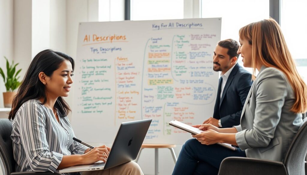 A professional workspace featuring a diverse group of three individuals engaged in a brainstorming session on generating effective AI image descriptions. In the foreground, a woman of Asian descent is seated with a laptop, writing notes with a pen, looking focused and inspired. Beside her, a Black man in a smart casual outfit gestures animatedly, sharing ideas. A Caucasian woman sits across from them, nodding and taking notes. The middle ground showcases a large whiteboard filled with colorful markers illustrating key tips for AI descriptions, while a window in the background streams natural light, illuminating the space. The atmosphere is collaborative and innovative, with an emphasis on creativity and professionalism. A professional workspace featuring a diverse group of three individuals engaged in a brainstorming session on generating effective AI image descriptions. In the foreground, a woman of Asian descent is seated with a laptop, writing notes with a pen, looking focused and inspired. Beside her, a Black man in a smart casual outfit gestures animatedly, sharing ideas. A Caucasian woman sits across from them, nodding and taking notes. The middle ground showcases a large whiteboard filled with colorful markers illustrating key tips for AI descriptions, while a window in the background streams natural light, illuminating the space. The atmosphere is collaborative and innovative, with an emphasis on creativity and professionalism.