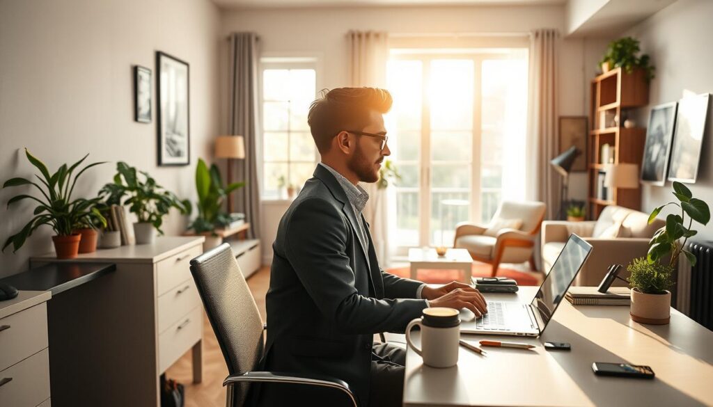 A serene and balanced workspace illustrating "work-life balance." In the foreground, a professional individual in smart casual attire is peacefully working on a laptop at a tidy desk filled with plants and personal items, symbolizing comfort and productivity. In the middle, a bright window showcases a view of nature, with sunlight streaming in, enhancing the atmosphere with warmth. The background features a cozy living space with a comfortable chair and bookshelves, promoting relaxation and well-being. The lighting is soft and natural, highlighting the harmony between work and personal life. The overall mood is calm and inspiring, emphasizing the importance of maintaining a healthy balance between high productivity and personal well-being.
