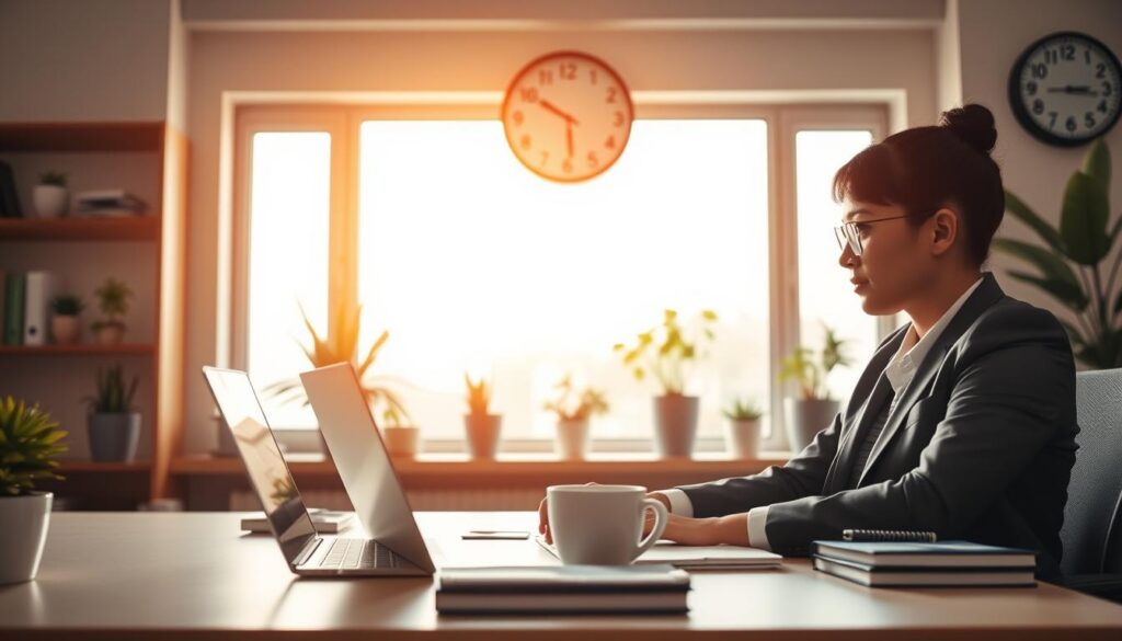 A serene and focused workspace depicting a person in professional business attire, deeply immersed in their tasks during peak productivity hours. In the foreground, a well-organized desk with a laptop, notebooks, and coffee cup, reflecting an atmosphere of concentration. In the middle, a large window allowing soft, natural light to illuminate the scene, with plants subtly enhancing the environment. The background features a clock showing the optimal hours for productivity, with warm lighting emphasizing a sense of calm and clarity. The overall mood is tranquil yet energized, perfect for illustrating the concept of focus and maximizing productivity.
