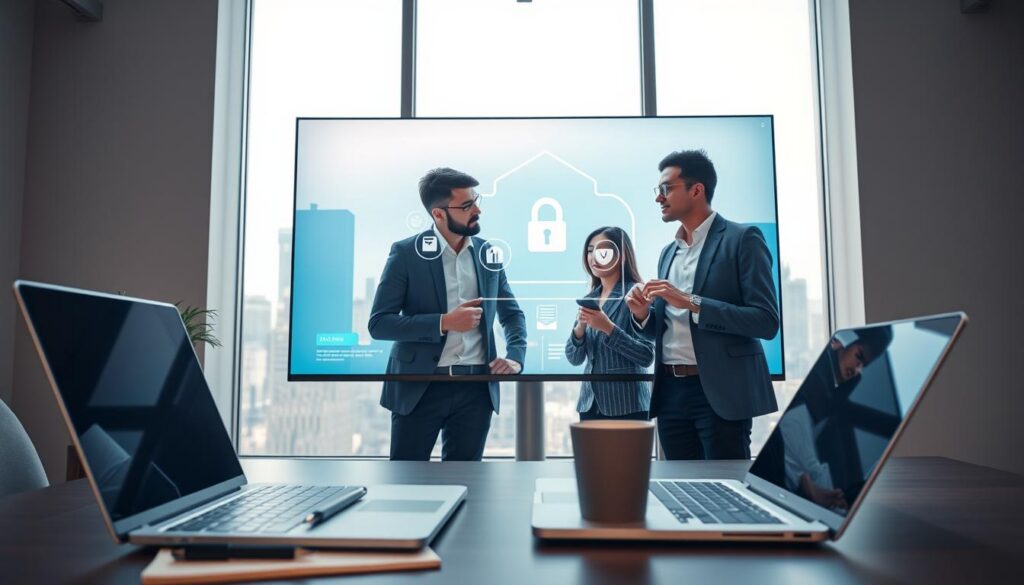 A serene, modern office workspace featuring a large screen displaying a cloud storage application interface. In the foreground, a sleek laptop with a professional freelance setup: a notebook, pen, and a coffee cup. In the middle, a diverse group of three professionals, two men and one woman, dressed in smart casual attire, discussing file sharing while reviewing a digital screen. The background showcases a bright window with a city skyline view, emitting soft natural light. To enhance security themes, include subtle visuals like digital locks or shield icons integrated into the screen interface. The overall atmosphere is collaborative and innovative, emphasizing trust and safety in cloud storage. Use a wide-angle lens to capture the entire scene, with soft depth of field to keep the focus on the professionals and the digital elements.
