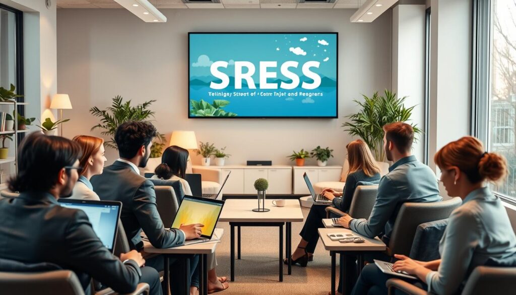 A serene online training session focused on stress management. In the foreground, a diverse group of professional individuals in business attire, sitting comfortably at desks with laptops open, engaged in the training. The middle ground features a large screen displaying calming visuals, such as nature scenes and peaceful animations, symbolizing stress relief techniques. The background includes soft, inviting office decor, with plants and warm lighting, creating a tranquil atmosphere. The scene is well-lit with natural light coming through large windows, enhancing the peaceful mood. Capture a wide-angle view to emphasize the collaborative environment, reflecting the positive impact of technology in reducing workplace stress. A serene online training session focused on stress management. In the foreground, a diverse group of professional individuals in business attire, sitting comfortably at desks with laptops open, engaged in the training. The middle ground features a large screen displaying calming visuals, such as nature scenes and peaceful animations, symbolizing stress relief techniques. The background includes soft, inviting office decor, with plants and warm lighting, creating a tranquil atmosphere. The scene is well-lit with natural light coming through large windows, enhancing the peaceful mood. Capture a wide-angle view to emphasize the collaborative environment, reflecting the positive impact of technology in reducing workplace stress.