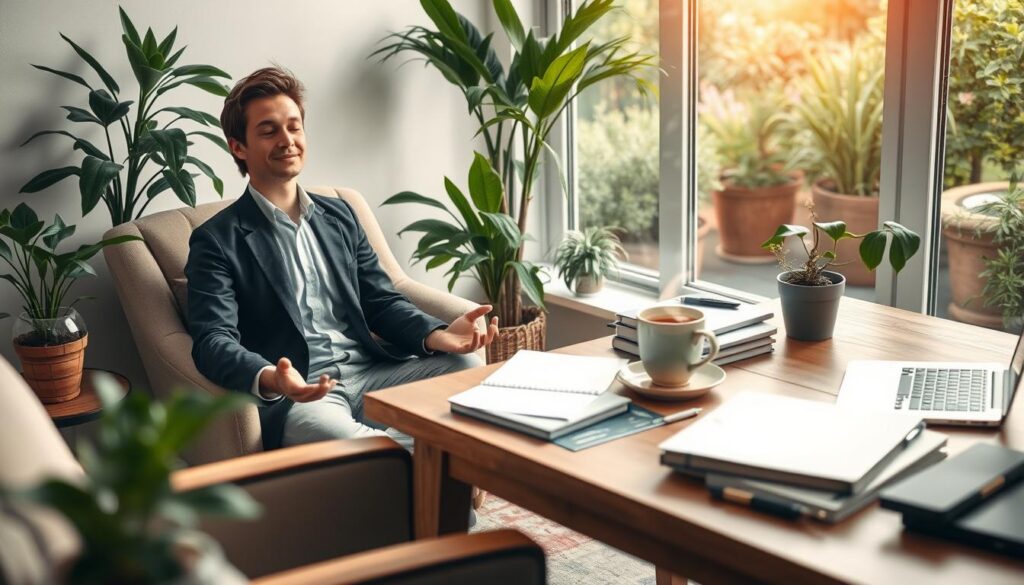A serene workspace designed for strategic mental breaks, featuring a cozy corner with a plush armchair and a small side table holding a steaming cup of herbal tea. In the foreground, a person in smart casual attire is meditating with a peaceful expression, surrounded by potted plants that enhance tranquility. In the middle ground, a wooden desk is cluttered with notebooks and a laptop, symbolizing work demands. The background showcases a large window with soft, natural light pouring in, revealing a beautiful garden outside. The atmosphere is calm and inviting, emphasizing the importance of taking intentional pauses to recharge the mind. The scene is captured with a soft focus lens, creating a warm and inspirational feel.