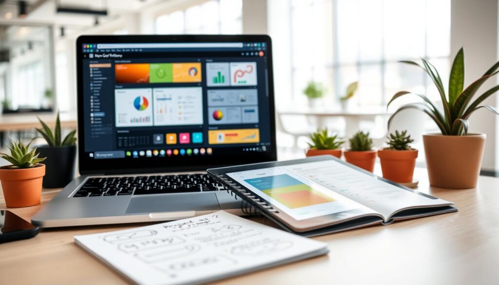 A serene workspace filled with essential no-code tools. In the foreground, a sleek laptop displays a vibrant interface of a no-code platform, surrounded by colorful charts and flow diagrams. A stylish tablet rests next to it, showcasing an app design in progress. The middle layer features an open notebook with sketches and notes about project ideas. Bright potted plants add a touch of greenery. The background is softly blurred, revealing a bright office space with large windows letting in natural light. The atmosphere is productive and innovative, with a hint of creativity. Use soft, even lighting to enhance the inviting feel, capturing the essence of modern digital development without any distractions.
