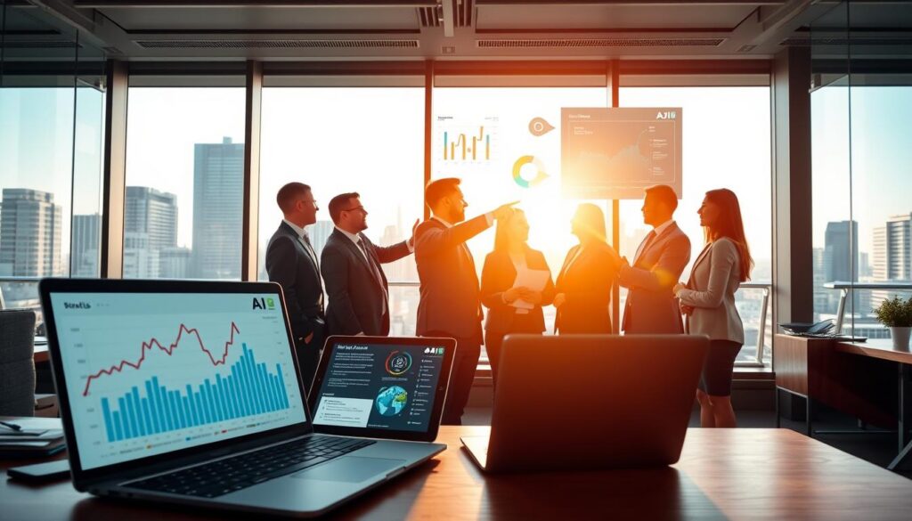 A sleek and modern business workspace filled with digital tools symbolizing AI for commercial efficiency. In the foreground, a laptop displays graphs and analytics, showcasing increasing sales data. Beside it, a tablet shows a chatbot interface, emphasizing customer interaction. In the middle ground, a diverse group of professionals in smart business attire are engaged in a brainstorming session, pointing at a large screen that presents AI-driven innovative strategies. The background features a large window with city views, bathed in warm, natural sunlight that creates a productive and optimistic atmosphere. The scene conveys motivation, collaboration, and the transformative impact of AI tools on business efficiency, using a well-lit, slightly angled perspective to enhance depth and focus.