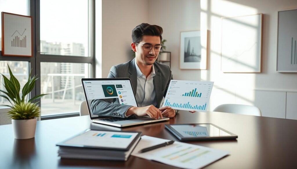 A sleek and modern workspace featuring a young professional wearing business casual attire, sitting at a stylish desk with a laptop open, displaying a colorful financial management app interface. On the desk, there are neatly organized documents, a tablet showing charts, and a small potted plant adding a touch of greenery. The background features a large window with soft natural light pouring in, illuminating the room and creating a warm, inviting atmosphere. The walls are adorned with minimalist artwork related to finance, such as graphs and abstract representations of growth. The angle of the shot captures both the action of the user interacting with the app and the organized environment around them, conveying a sense of productivity and efficiency.