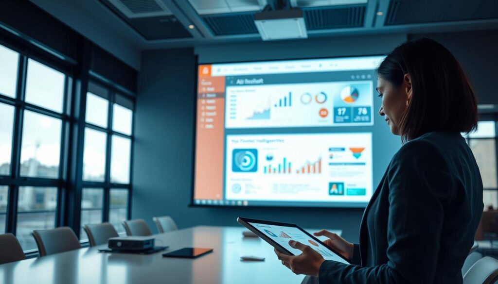 A sleek, modern conference room featuring a large screen displaying a Microsoft PowerPoint presentation enhanced with artificial intelligence elements. In the foreground, a professionally dressed businesswoman engages with a digital tablet, showcasing AI-driven analytics and graphics. The middle ground includes a projector casting a colorful, dynamic AI-infused slide filled with charts and data visualizations. In the background, large windows let in natural light, illuminating the minimalist office decor with a contemporary feel. The atmosphere is collaborative and innovative, capturing a moment of inspiration and technological integration. The lighting is bright and inviting, emphasizing the synergy between traditional presentation tools and cutting-edge AI technologies.